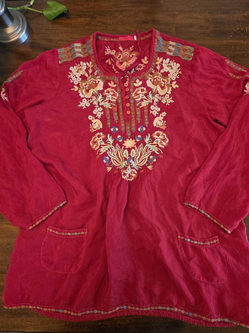 Johnny Was Embroidered Floral Boho Tunic Blouse Top - Red - Size Large